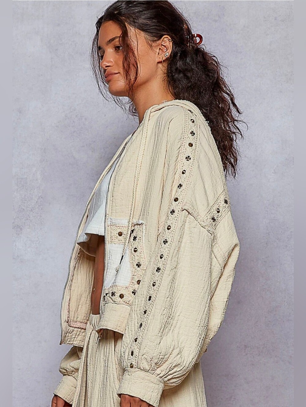 NEW!! 2 PC Set POL Studded Cream Boho Textured Two-Piece Set, Sz Large, NWT - Picture 4 of 8